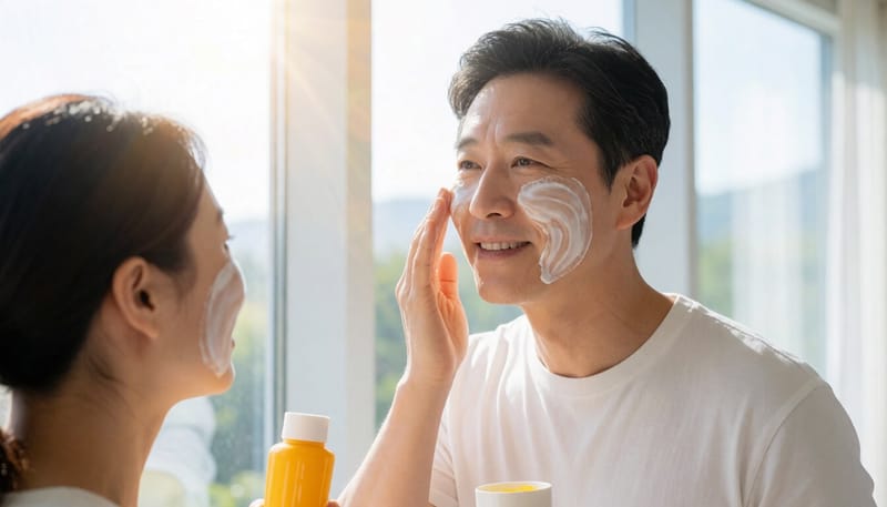 자외선 차단제를 바르는 중년 남성의 모습