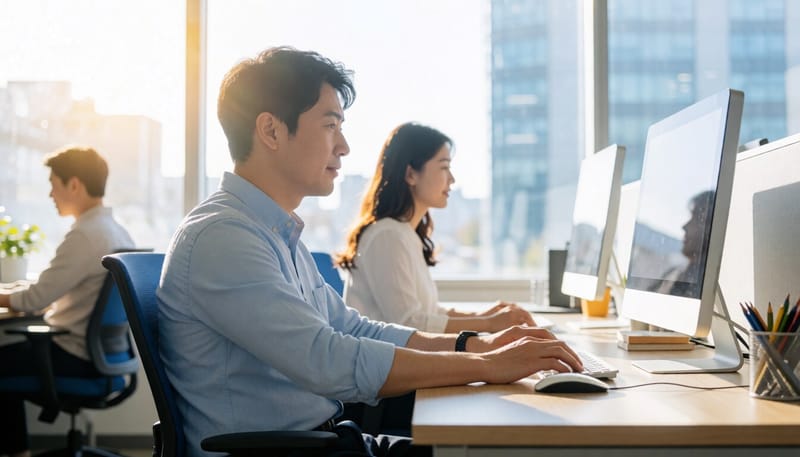 장시간 구부정한 자세로 앉아 일하는 사무직 모습