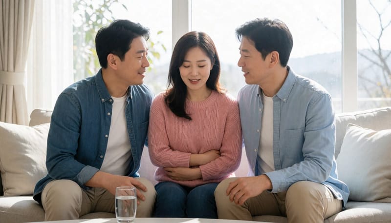 복통을 호소하며 물을 마시는 모습