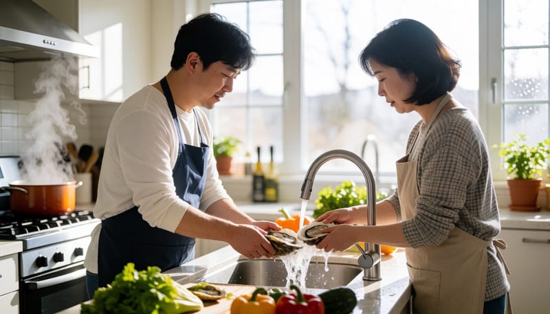 주방에서 굴을 손질하고 익히는 모습