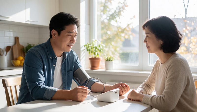 가정에서 혈압을 측정하는 중년 남성의 모습