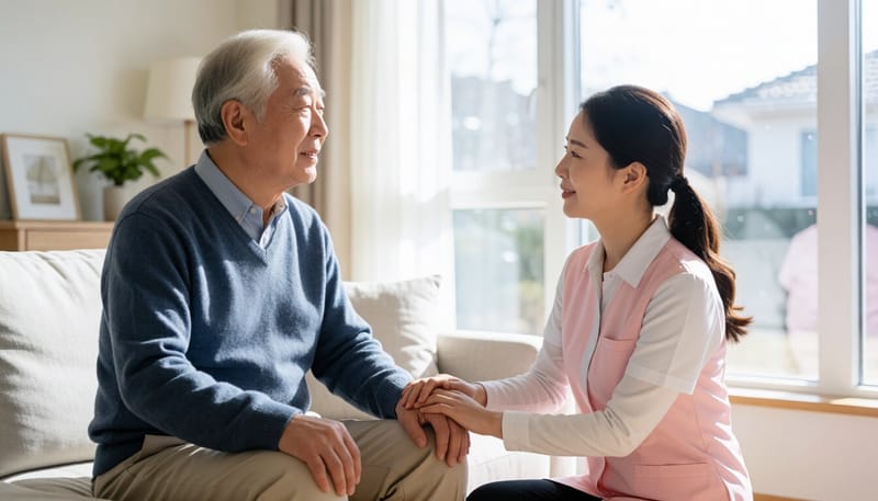 거실에서 보호자와 함께 있는 고령 남성의 모습