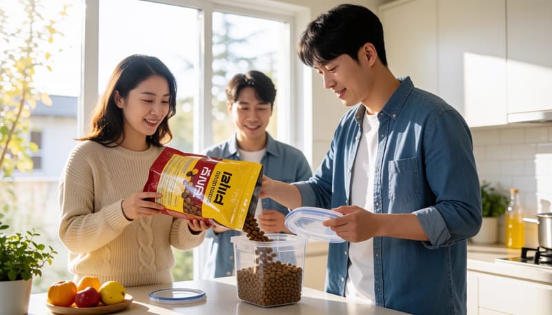 사료를 밀폐 용기에 옮겨 담는 모습