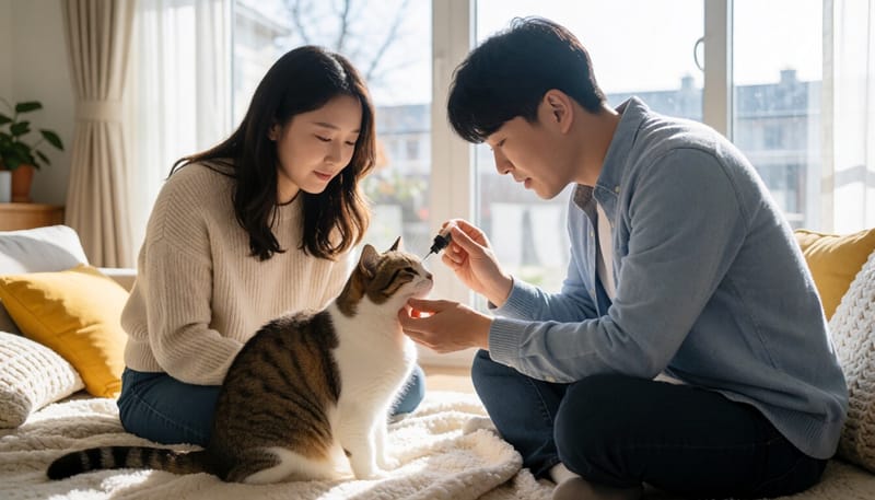 집에서 고양이에게 안약을 넣어주는 보호자의 모습