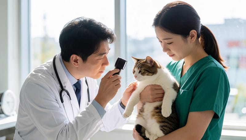동물병원에서 수의사가 고양이 눈을 진료하는 모습