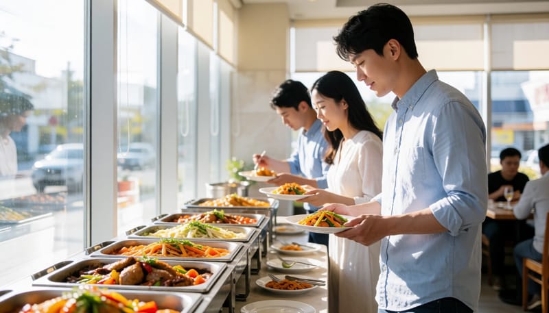 뷔페에서 작은 접시를 들고 음식을 고르는 남성