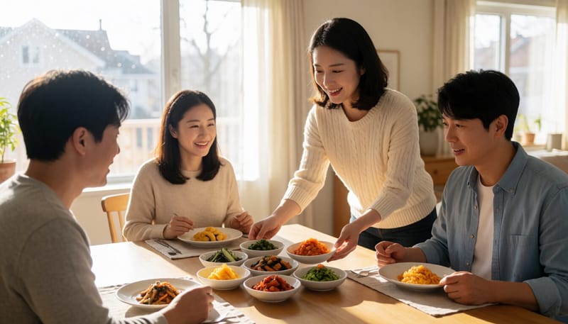 집에서 여러 개의 작은 종지에 반찬을 나눠 담는 모습