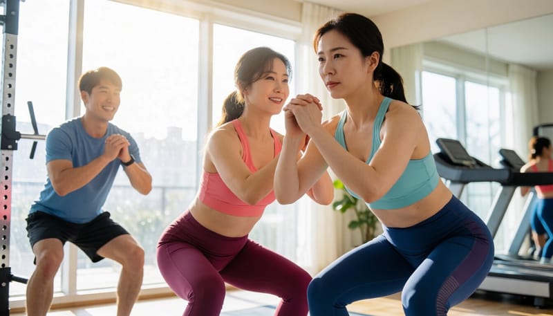 가정용 운동 공간에서 스쿼트 동작을 하는 여성