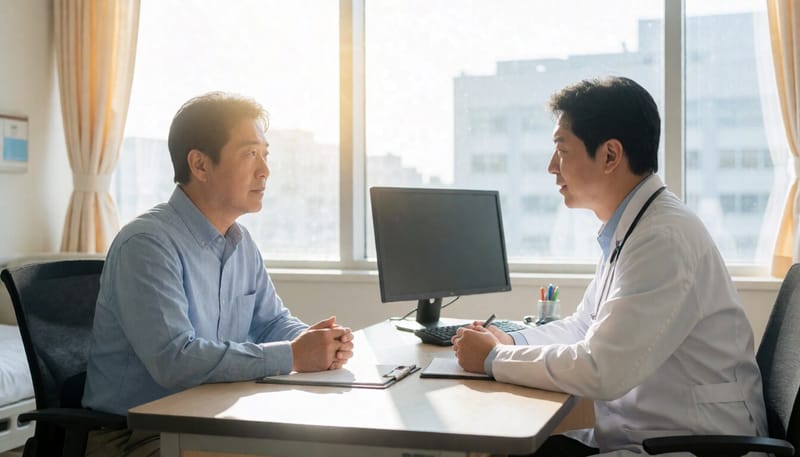 병원에서 의사와 상담하는 중년 남성