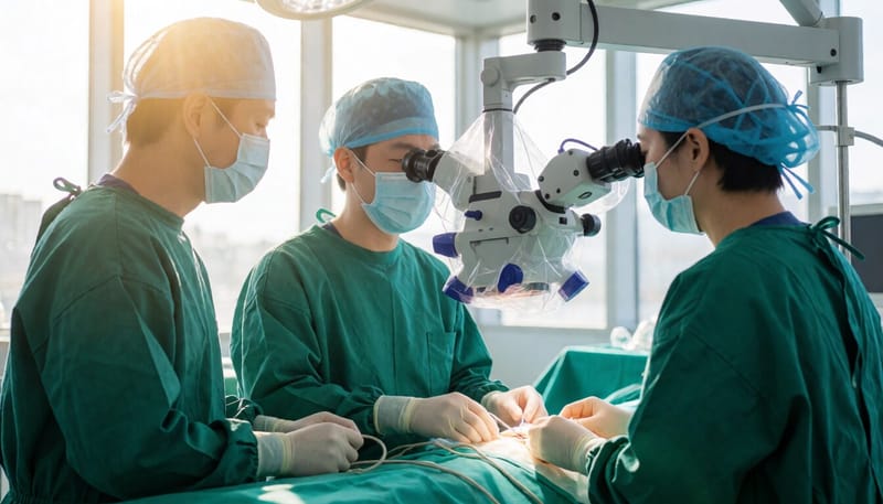수술실에서 미세현미경으로 수술을 진행하는 의료진