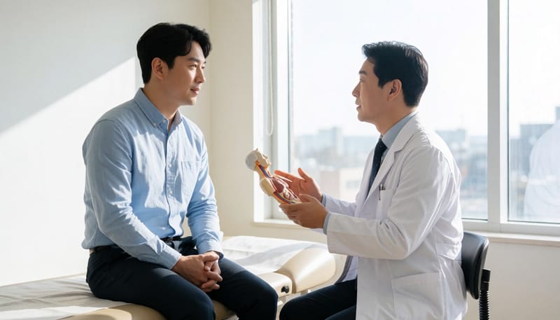 비뇨의학과 진료실에서 의사와 상담하는 남성 환자