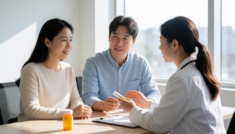 진료실에서 약물 치료에 대해 상담받는 모습