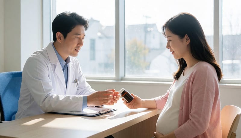 산부인과에서 영양제 복용에 대해 상담받는 임신부