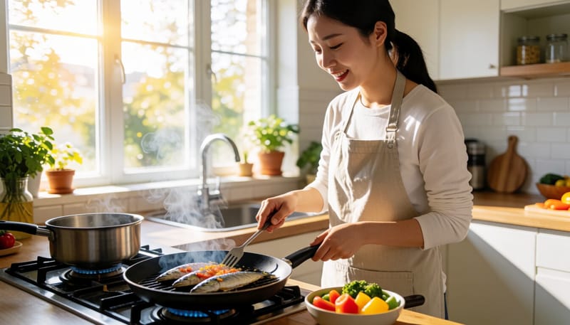 등푸른생선을 조리하고 있는 여성의 부엌 모습