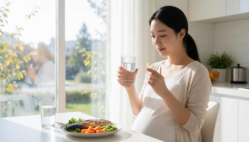 부엌 식탁에서 오메가3 영양제를 살펴보는 임신부
