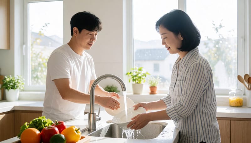 설거지 중 붉어진 손과 손등을 보여주는 모습