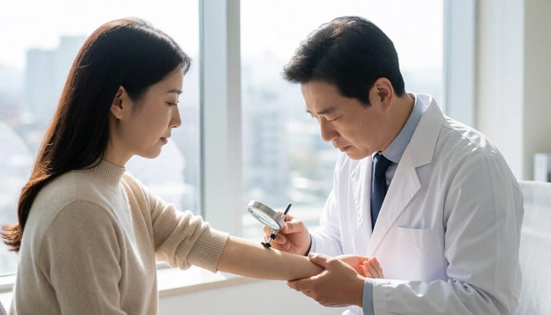 피부과에서 환자의 팔 피부를 진찰하는 의사