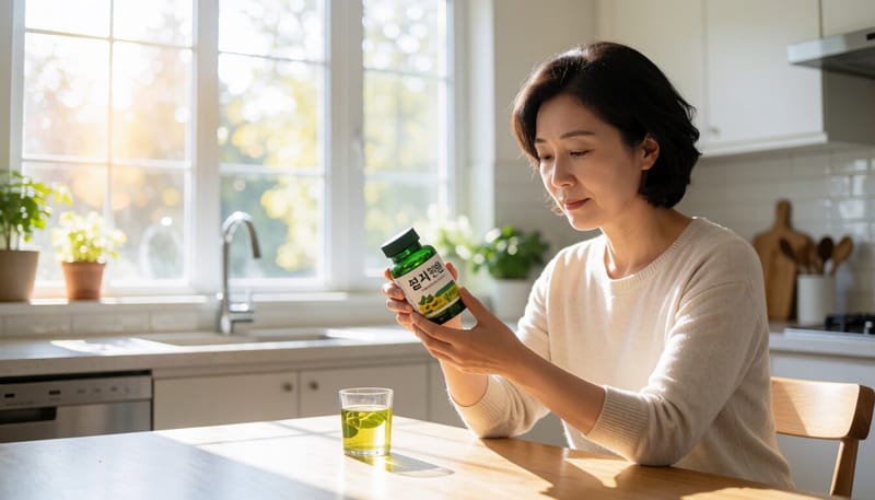 건강기능식품 캡슐을 살펴보며 걱정스러운 표정을 짓는 여성