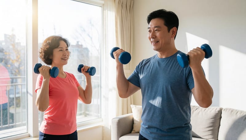 집에서 가벼운 근력운동을 하는 마른 체형 남성