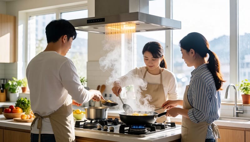 주방 후드를 켜고 환기하며 조리하는 모습