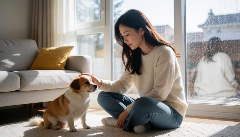 보호자가 불안해하는 반려견을 차분하게 다독이는 모습