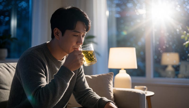 밤에 소파에 앉아 허브차를 천천히 마시는 남성