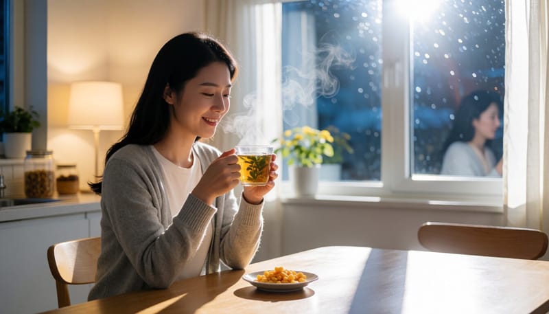 밤늦게 식탁에서 허브차를 마시며 야식을 참는 여성의 모습