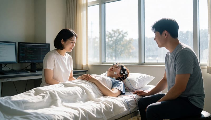 수면 연구실에서 뇌파 측정 전극을 부착한 채 잠든 참가자