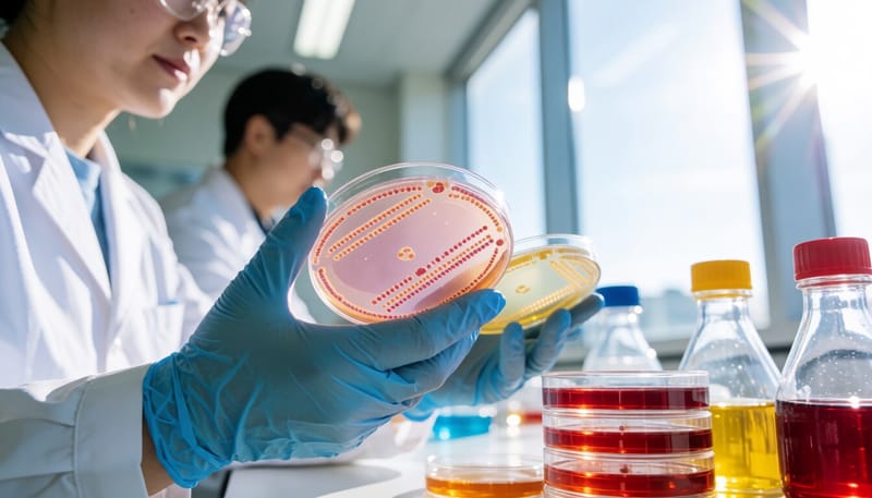 세균 배양 샘플을 살펴보는 연구원의 손