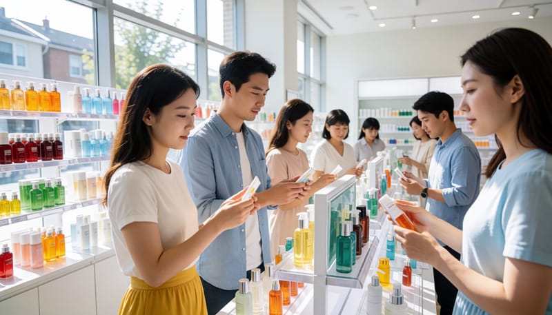 유럽 소비자들이 화장품 매장에서 제품을 체험하는 모습