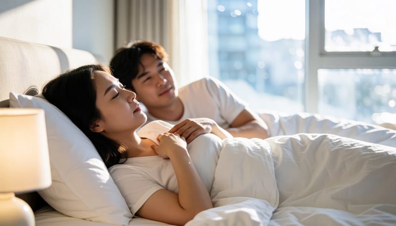 한밤중 기침으로 잠들지 못하는 여성