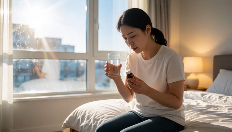 밤에 기침으로 잠 못 이루며 물과 약을 챙기는 여성의 모습