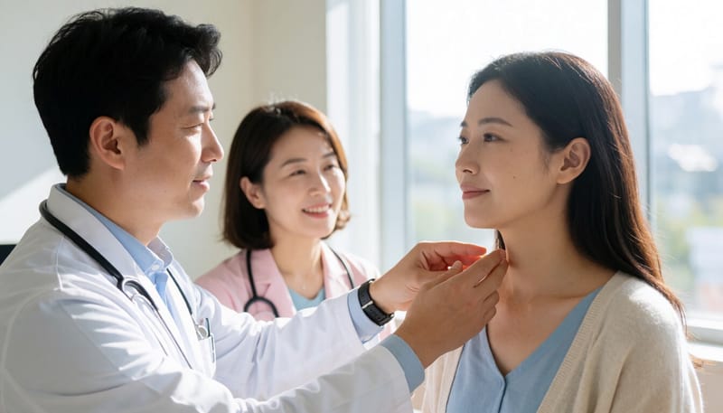 피부과에서 목과 어깨 부위 혹을 진찰받는 모습
