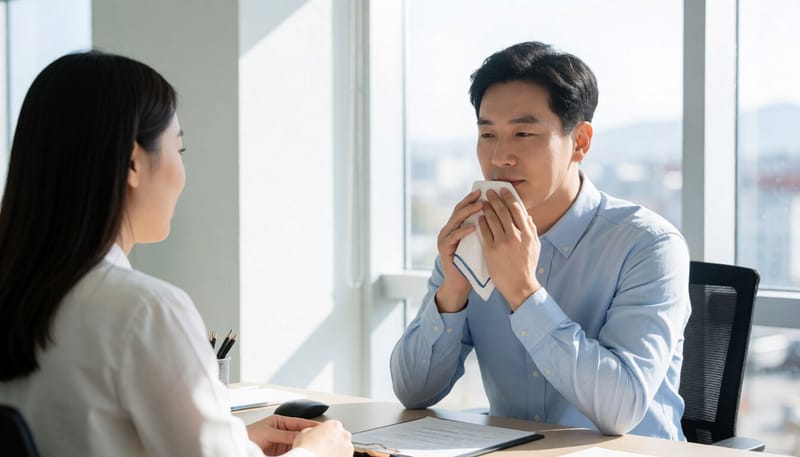 손에 땀이 많이 나 손수건으로 닦고 있는 남성의 모습
