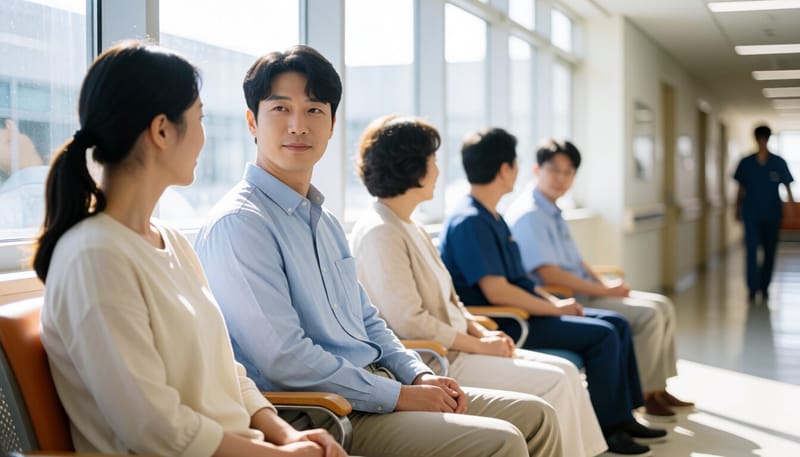 병원 대기실에 앉아 있는 환자
