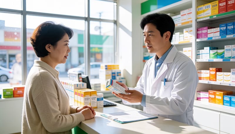 약사가 약국에서 고객에게 약물 상담을 하는 모습
