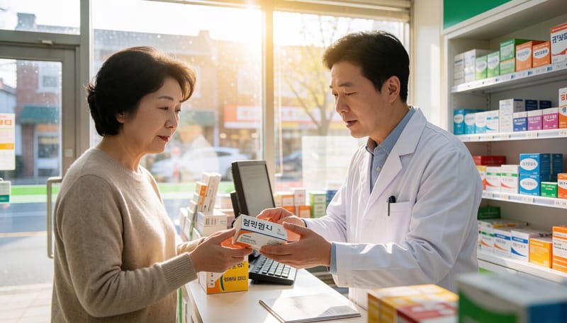 약사가 어지럼증 약에 대해 환자에게 설명하는 모습
