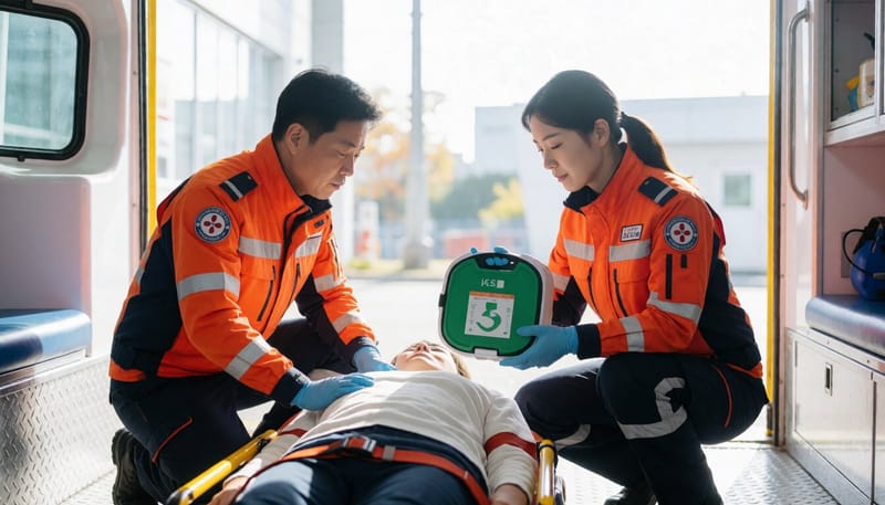 구급대원이 자동제세동기를 들고 환자를 살피는 모습