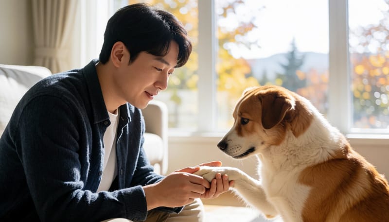 반려견 발바닥에 전용 보습제를 발라주는 모습