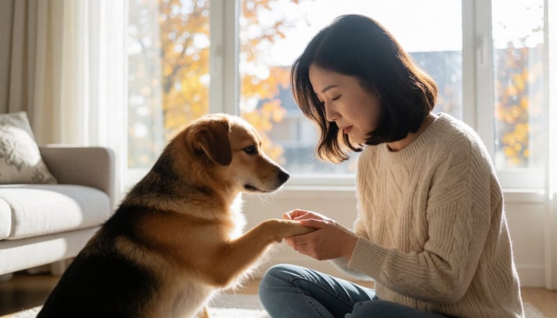 거실에서 반려견의 발바닥을 살펴보는 보호자