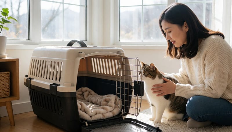 거실에 항상 열어둔 이동장 안을 살펴보는 고양이