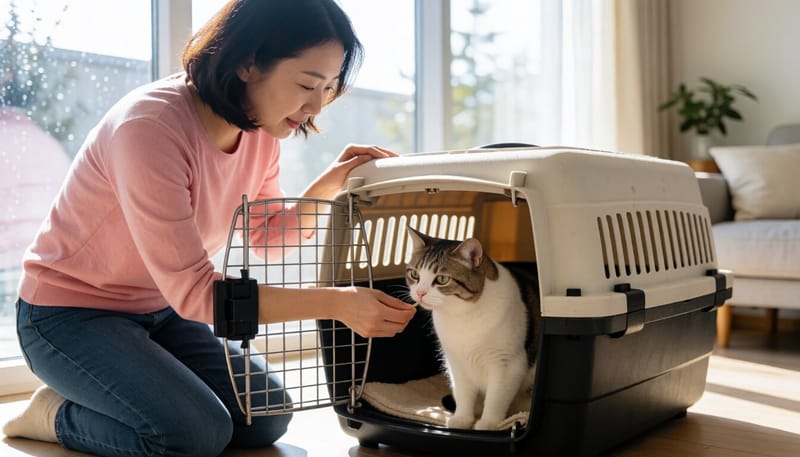 간식으로 이동장 적응을 돕는 보호자와 고양이