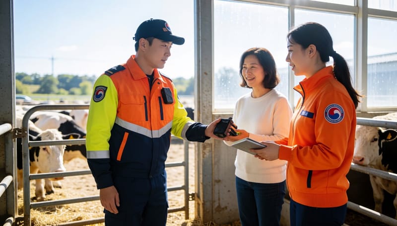 보디캠을 착용한 구급대원이 축사 출입문 앞에서 장비를 점검하는 모습