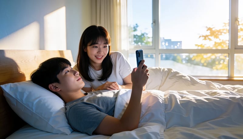 밤늦게 스마트폰을 보고 있는 청소년의 모습