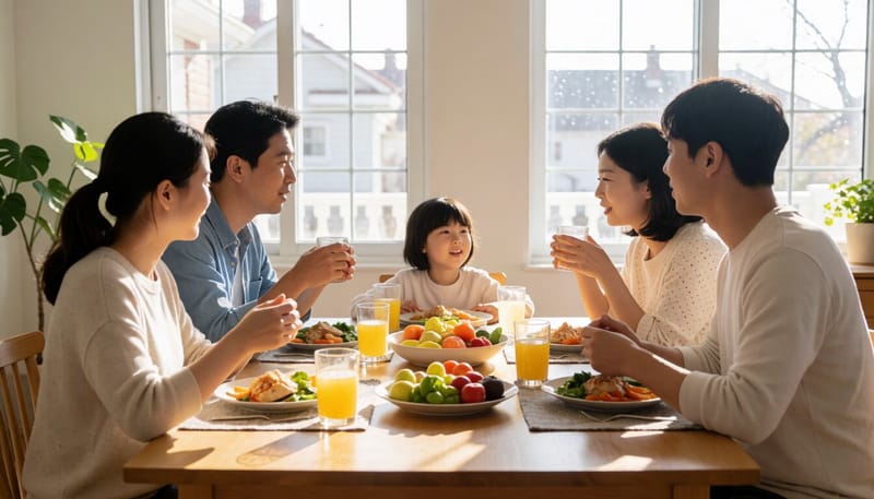 식탁에 둘러앉아 대화하는 가족의 모습