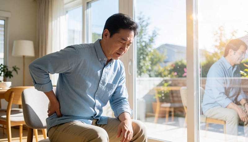 허리와 다리를 번갈아 짚으며 통증을 확인하는 남성