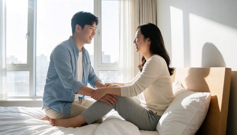 자기 전 벽을 짚고 종아리 스트레칭을 하는 여성