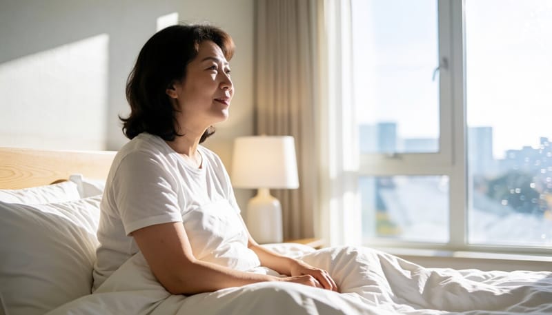 밤중에 다리 경련으로 종아리를 붙잡고 있는 여성의 모습