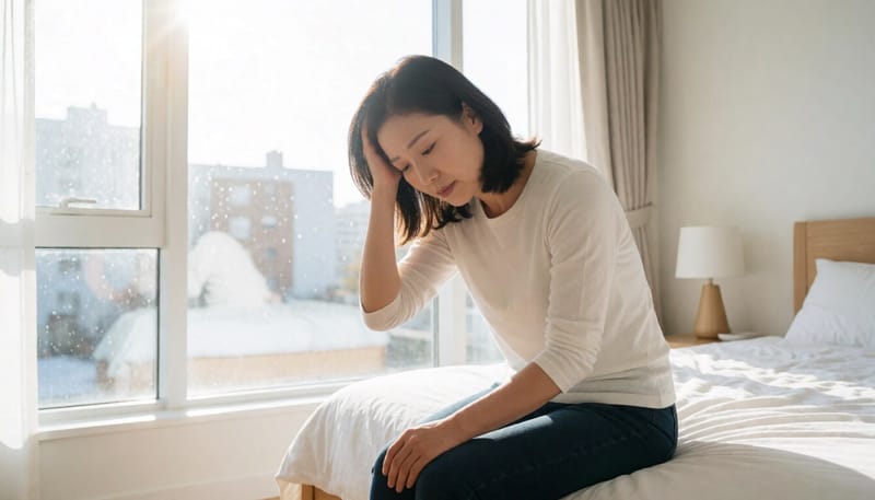 아침에 침대에 앉아 어지럼증을 호소하는 여성의 모습