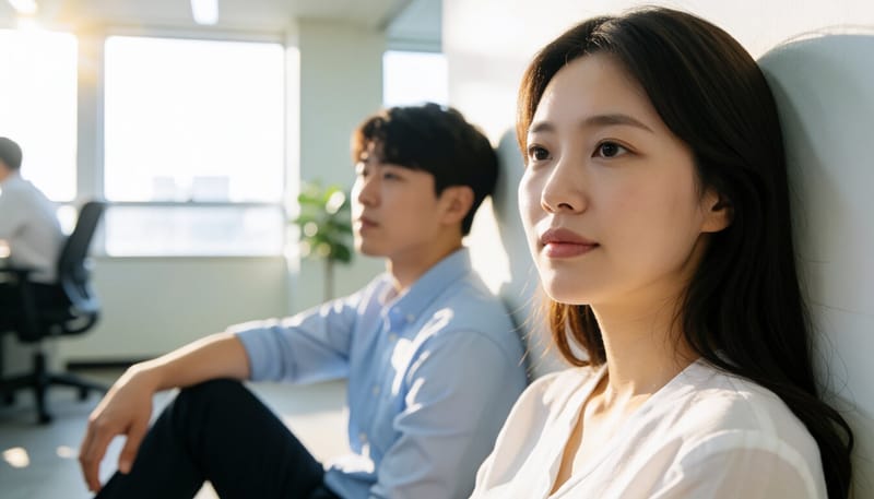 어지럼증과 식은땀을 느끼며 벽에 기대앉은 회사원